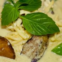 Green Curry · Very spicy. Spicy green curry paste, eggplant, bamboo shoots, bell peppers and basil in coco...