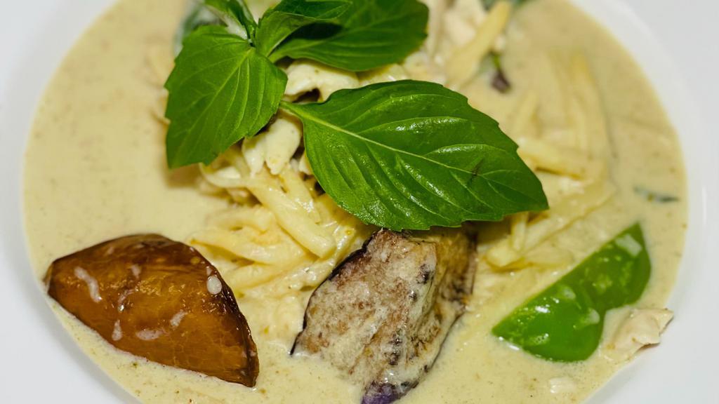 Green Curry · Very spicy. Spicy green curry paste, eggplant, bamboo shoots, bell peppers and basil in coconut milk.