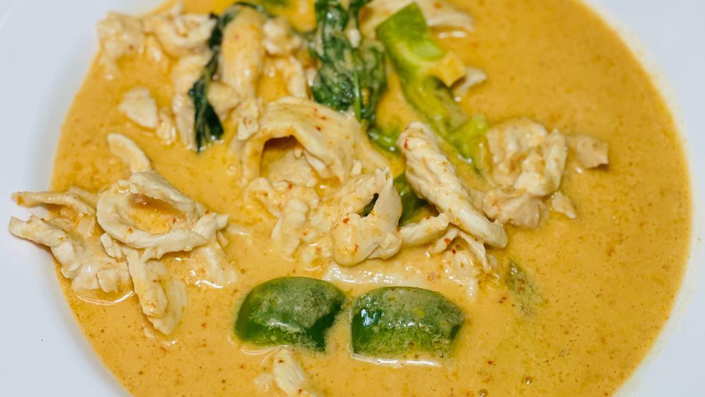 Red Curry · Spicy. Spicy red curry paste, bamboo shoots, bell peppers, eggplant and basil in coconut milk.