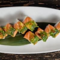 Treasure Roll · spicy salmon and avocado inside
fresh salmon seaweed salad and ikura on top