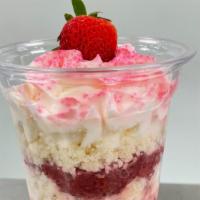 Strawberry Cake Cup · Vanilla cake crumb with homemade strawberry compote and sweet, whipped cream.