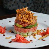 Tuna Tartare · sushi grade tuna with avacado and cucumber topped with a spicy mayo