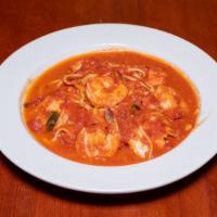 Gamberoni Fra Diavolo · Shrimp in a spicy marinara sauce over linguini.