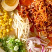 Spicy Pulled Pork Ramen · Spicy pulled pork with marinated egg, corn, scallions, bean sprouts, red onion.