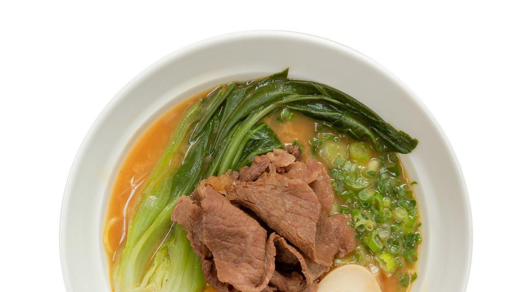 Miso Beef Ramen · Sliced beef with marinated egg, bok choy, scallions, corn, and bean sprouts (chicken broth)