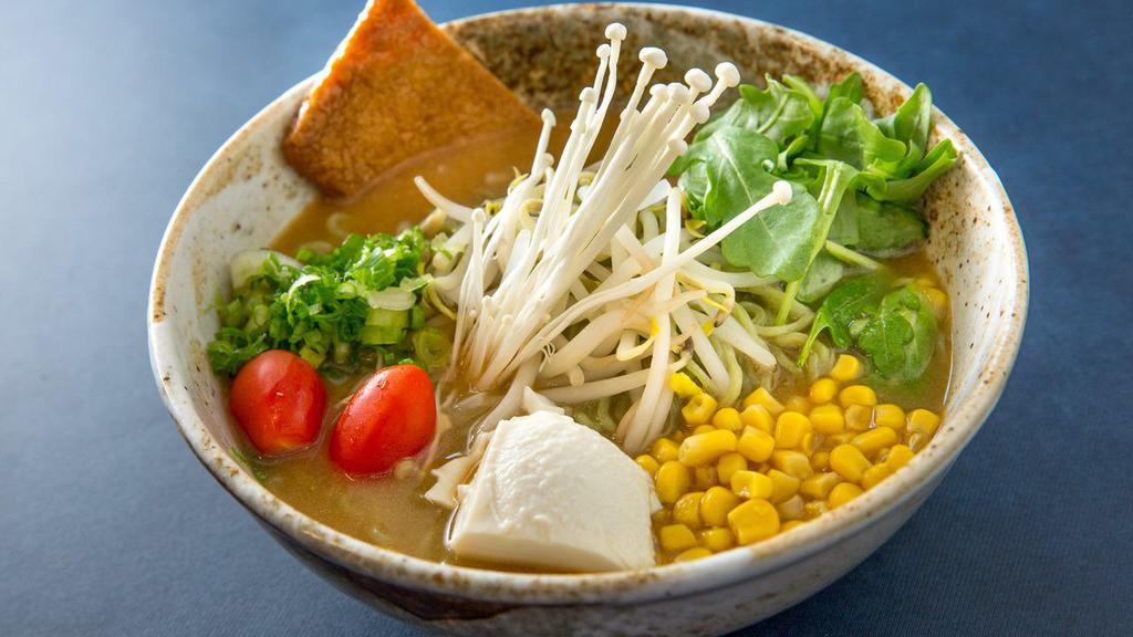Vegetarian Miso Ramen · Fried tofu, kikurage mushrooms, bok choy, corn, tomato, and bean sprouts.