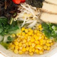 Gluten-Free Shio Ramen · Gluten free noodles, fried tofu, tomato, kikurage mushrooms, scallion, nori, bok choy, corn,...