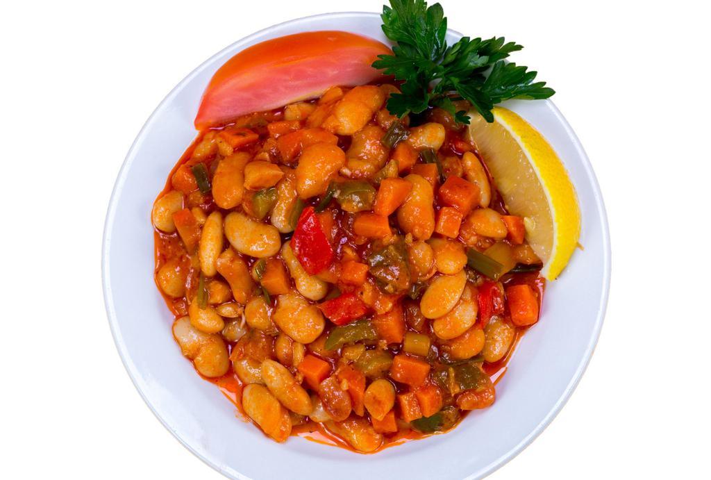 Fasulye Pilakisi · White kidney beans cooked with scallions, fresh tomatoes, garlic, and herbs