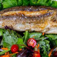 Sea Bass · Chargrilled exotic white flaky whole fish. Served with salad or rice (Levrek)