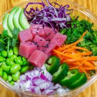 Tuna Green · Tuna, avocado, jalapeño, edamame, cilantro, red cabbage, carrot, seaweed salad, sesame seed,...