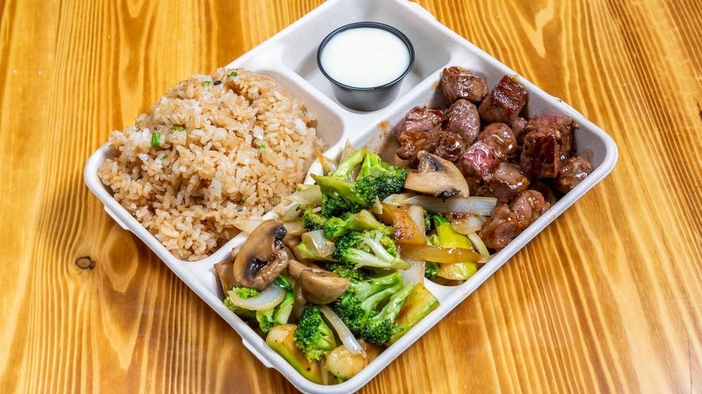 Hibachi Steak · Come with clear soup, vegetable, noodles and fried rice.