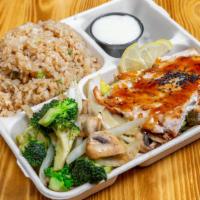 Hibachi Salmon · Come with clear soup, vegetable, noodles and fried rice.