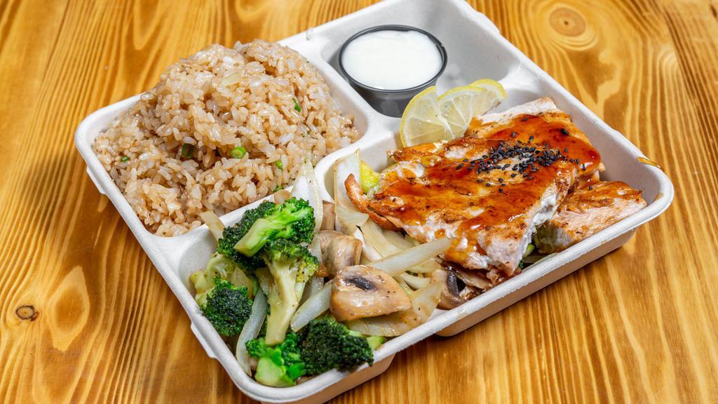Hibachi Salmon · Come with clear soup, vegetable, noodles and fried rice.