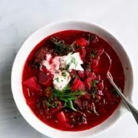 Borscht · Vegan. Russia's signature soup with beets and cabbage, served with sour cream.