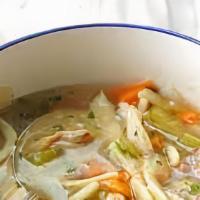 Chicken Noodle · A light broth with egg noodles, carrots and tender bites of chicken.