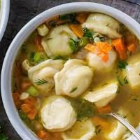 Siberian Pelmeni Soup · Our homemade meat dumplings served in a Chicken Broth