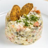 Olivier Salad · Traditional Russian Salad made Potatoes, Carrots, Pickles, Eggs and Peas with homemade Mayon...