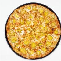 *New* Cheeseburger Pizza · Creamy cheese sauce, ground beef covered in mozzarella cheese and of course topped with pick...