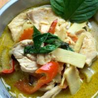Green Curry · Spicy. Green curry paste, coconut milk, bamboo shoots, bell peppers, eggplants carrot and ba...