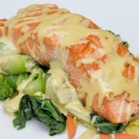 Wasabi Salmon · Seared salmon on steamed mixed vegetables with wasabi-mayo.