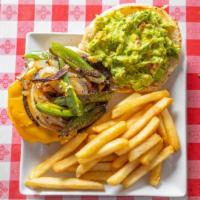 Hamburger Tex Mex Deluxe · Hamburger with guacamole, sauteed, jalpeneos, sauteed onions served with french fries. You c...