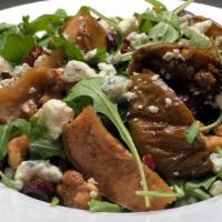 Arugula Salad (Large) · Arugula, Roasted Pears, Gorgonzola, Candy Walnuts, Dried Cranberries, Raspberry Vinaigrette