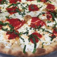 Old Fashioned Grandma Pizza · Plum tomato sauce, fresh garlic, fresh mozzarella and basil