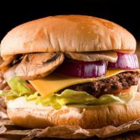 Mushroom Cheeseburger · Fresh off the grill Burger topped with cheese, mushroom, lettuce, tomato, and onion.