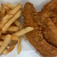 Chicken Tenders · 3 pieces halal chicken tenders with fries.