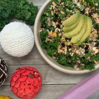 Power Quinoa Salad · Vegan. Organic Quinoa, Kale, Avocado, Black Bean Corn Salsa, Vegan Cheese, Cucumber and Chic...