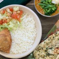 Vegetable Korma Platter · Mild Vegan Mixed Vegetable Coconut Korma Combo Meal with Samosa Appetizer, Salad, Steamed Ba...