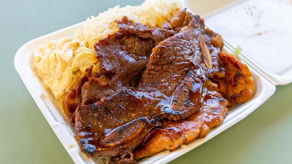 Bbq Mixed Plate · Bbq short ribs, bbq chicken and teriyaki steak.