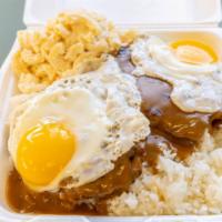 Hamburger Steak (2) & Eggs (2) On Rice · Served with mac salad and brown gravy.