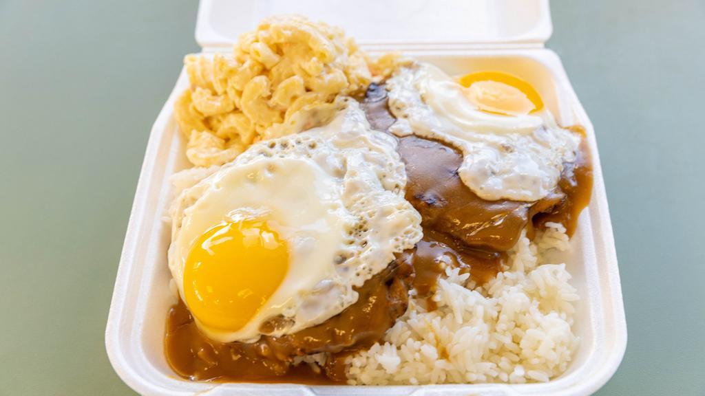 Hamburger Steak (2) & Eggs (2) On Rice · Served with mac salad and brown gravy.