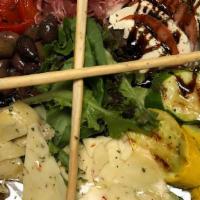 Mediterranean Cold Plate · Prosciutto chorizo, cheese, olives, artichokes, roasted red peppers, grilled vegetables toma...