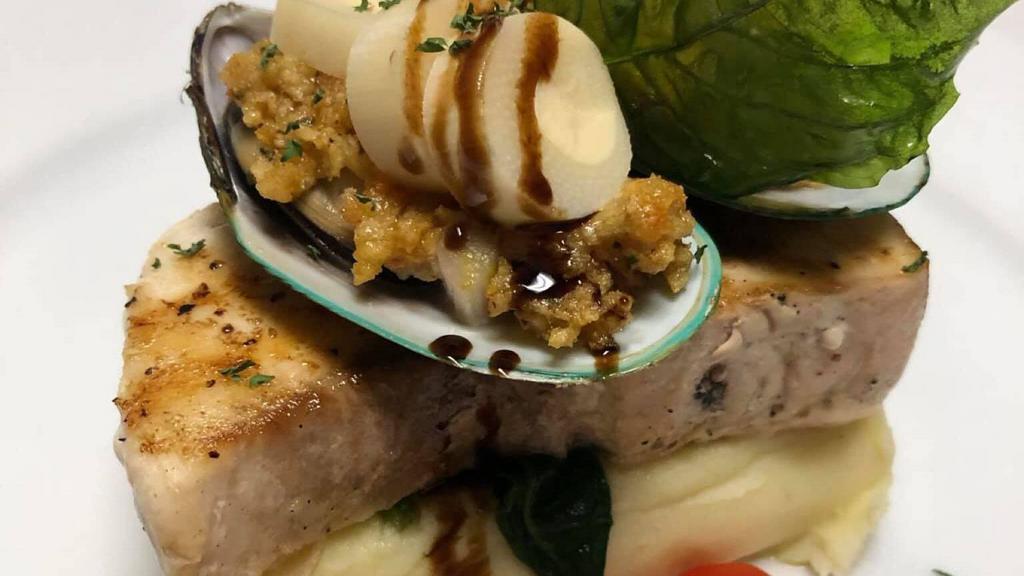 Ginger Sesame Yellowfin Tuna · Over wasabi, mashed potato and burgundy wine sauce.