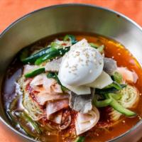 Bibim-Naengmyeon 비빔 냉면 · Spicy. Cold buckwheat noodles with spicy sauce.
