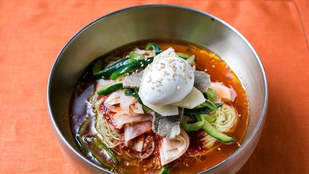 Bibim-Naengmyeon 비빔 냉면 · Spicy. Cold buckwheat noodles with spicy sauce.