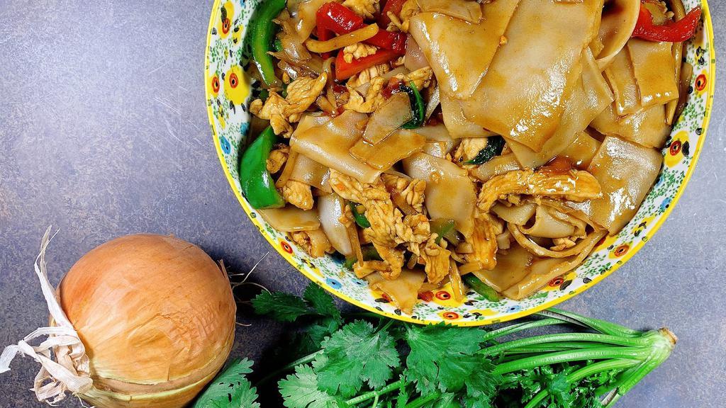 Spicy Basil Noodles · Pad Kee Mow or Drunken noodles : Stir fried flat-rice noodle with basil, onions, bell peppers, tomato, bamboo shoots.