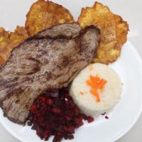 Carne Asada · Roasted meat with white rice and sweet fried plantains.  Served with one of the following - ...