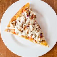 Chicken Ranch Pizza · Grilled chicken, chopped tomatoes, red onions, and ranch dressing.
