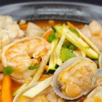 A19-B. Spicy Seafood Chopped Noodle In Soup · Spicy. Savory light broth with noodles.