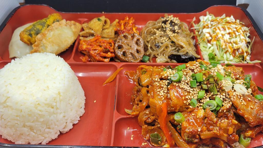 🌶️Spicy Pork Box / 제육 도시락 · Spicy. Stir fried spicy pork with rice and side dishes in a box , comes with miso soup.🌶️