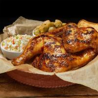 Smoked Half Chicken Plate · Smoked Half Chicken served on the bone and Glazed with Original BBQ Sauce. Includes Two Regu...