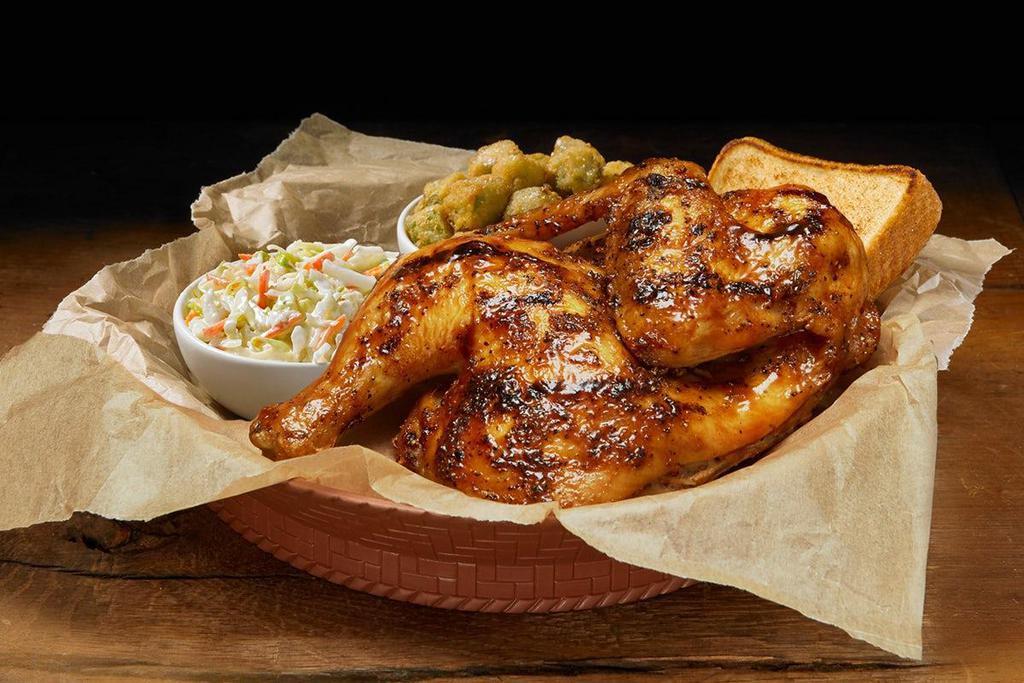 Smoked Half Chicken Plate · Smoked Half Chicken served on the bone and Glazed with Original BBQ Sauce. Includes Two Sides and Texas Toast