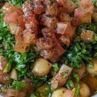 Ful Mudammas · fava beans & chickpeas in lemon-garlic dressing with parsley, tomato & onion. vegan.