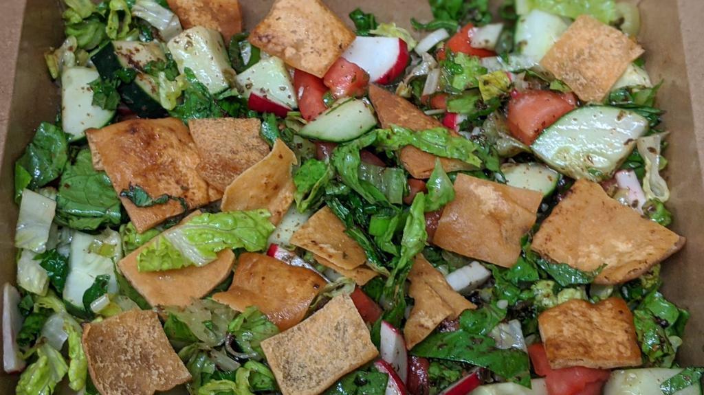 Fattoush Salad · cucumbers, tomatoes, radishes, mint & pita croutons with pomegranate dressing. vegan. gluten free option available.