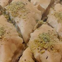 Baklava (Qty 2) · Damascus-style with walnut stuffing and topped with pistachio.
