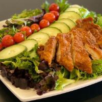 Chik'N Salad · spring mix lettuce, tomatoes, cucumbers, crispy chicken breast, balsamic vinaigrette dressing