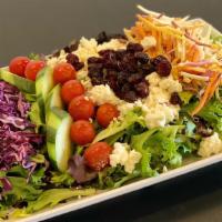 Vegetarian Salad · spring mix lettuce, tomatoes, cucumber, organic rainbow heirloom carrots, shredded purple ca...